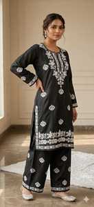Black Cotton Embroidered <b>Kurta</b> Palazzo Set Indian Pakistani Outfit Casual Ethnic Casual and Office Wear <b>for</b> <b>Women</b> Comfy Fit - Product Image 2