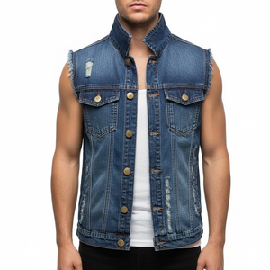 Chaleco vaquero sin mangas para hombre con logotipo personalizado, bordado de botones, estilo vintage desgastado, lavado azul, para motociclista, venta al por mayor - Product Image 1