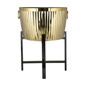 <b>Large</b> Gold Metal Floor Planter Ribbed Flower <b>Pot</b> with Black Stand Modern Indoor Outdoor Watering Plant Container - Product Image 4