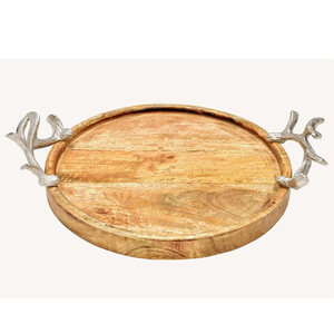 Plateau décoratif avec poignées en aluminium en forme de bois de cerf pour hôtel, restaurant, élégant plateau de service en bois, fait main, en bois de manguier, rond - Product Image 1