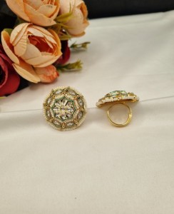 Handcrafted Kundan Floral Motif Big Studded Circular <b>Ring</b> Pearl Work <b>Adjustable</b> <b>Ring</b> For Women Imitation Jewellery Manufacturers - Product Image 3
