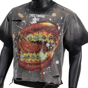 T-shirts Homme en Coton Coupe Ample et Décontractée, Style Streetwear, Détails Effilochés et Tendance, Vente en Gros - Product Image 3