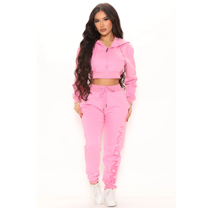 Ensemble de survêtement en molleton rose pour femmes, deux pièces, manches longues, taille haute, capuche, fermeture éclair sur le devant, vêtements décontractés de rue, toutes saisons - Product Image 1