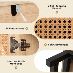 Credenza Grande in Rattan PE Naturale da 50 Pollici con 4 Ante e Ripiani Rimovibili e Regolabili - Product Image 5