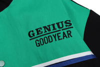 Blouson de course vintage personnalisé OEM pour homme, noir et vert, avec blocs de couleur, imprimé graphique Anime Girl, patchs brodés, style motard et universitaire