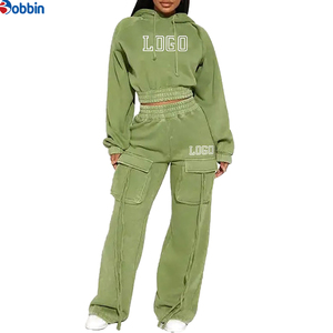 Top Selling Women's Olive Green Tracksuit <b>Set</b> Hooded Full Sleeve Loose Fit Casual Solid Color Cargo Pants Elastic Waist 2 Pcs - Product Image 1