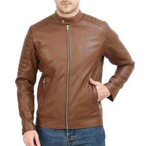 Blouson de motard en cuir d'agneau véritable pour homme, design moderne, col montant, couleur marron clair, fermeture éclair, veste d'hiver pour homme - Product Image 1
