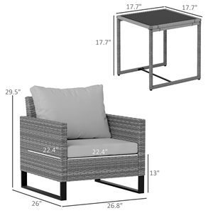 Set Bistrot in Vimini Grigio 3 Pezzi con Cuscini, Sedie in Rattan e Tavolino in Vetro per Arredamento da Giardino, Veranda o Balcone - Product Image 3