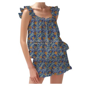 Stripe Cotton Women's Shorts Pajama Set Sexy Tiger Print Spring/Summer Floral Fitted Strappy Ruffle <b>Trim</b> Sleeves PJ Set - Product Image 3