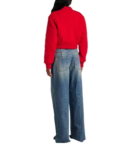 Veste en tricot courte rouge pour femme, manches longues, col montant, vêtement d'extérieur décontracté, style automne, tissu polyester doux - Product Image 3