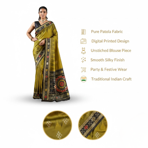 Sari Amarillo para Mujer en Tela Patola Pura |   Colección de Diseñador DC Element 0039, Prendas Tradicionales para Fiesta, Impresas Digitalmente, Sin Costuras - Product Image 5