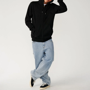 Sudadera con capucha y cremallera de algodón pesado negra lisa para hombre, con logotipo personalizado, al por mayor, OEM, sin estampado - Product Image 2