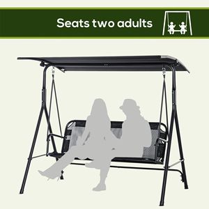 Giardino # # # # Sedia a dondolo da veranda a 2 posti con tettuccio regolabile, braccioli, tessuto Texeline, telaio in acciaio, per esterni, nera - Product Image 4