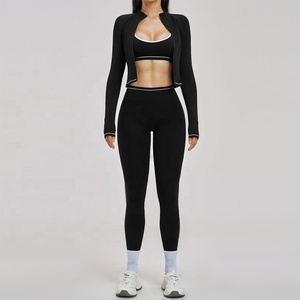 Wholesale Womens 3 Piece Yoga Set Jacket Slim Fit <b>Vest</b> Cropped Pants Sportswear Fitness Outfits Spandex Polyester Sports Wear - Product Image 2