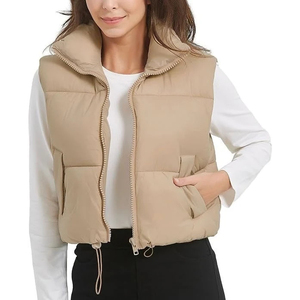 Gilet matelassé sans manches beige pour femme, col montant, fermeture éclair, vêtement d'extérieur décontracté, longueur normale, couleur unie, polyester - Product Image 2