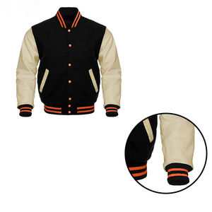 Veste universitaire noire pour homme avec manches crème et bordure orange, style preppy, mélange laine et polyester, coupe classique, col rabattu - Product Image 2