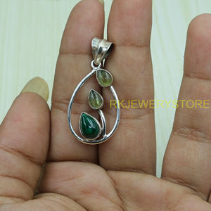 Natural <b>Green</b> Prehnite & <b>Green</b> Malachite Pendant 925 Sterling Silver Handmade Leaf Design Teardrop Gemstone <b>Jewelry</b> for Women - Product Image 4