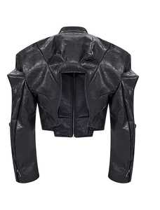 Veste en cuir véritable pour homme, style motard, col rabattu, fermeture éclair, patchwork embossé, coupe ajustée, longueur normale, printemps - Product Image 3