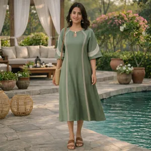 Robe midi bohème verte brodée pour femme, coupe trapèze, manches trois quarts, ample, en lin et coton tissé, décontractée, pour le printemps et le quotidien - Product Image 6