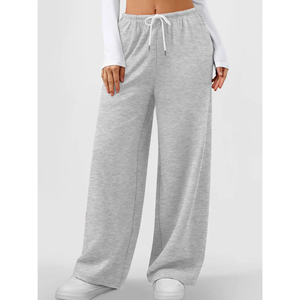 <b>Women's</b> Gray Knitted Wide Leg Cargo Pants High Waist Drawstring Regular Fit Full Length Solid Sporty Breathable Pockets Summer - Product Image 3