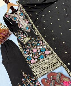 Conjunto de Diseño Étnico con Bordado Chinon y Lentejuelas, Top, Pantalón Palazzo y Dupatta, para Fiestas, Precio al por Mayor, en Algodón Multicolor - Product Image 5