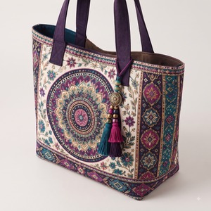 HINDVANTA Bohemian Vintage Mandala Printed Jute Canvas <b>Tote</b> <b>Bag</b> Eco Friendly Large Capacity Women Shoulder Handbag Tassel Charm - Product Image 2