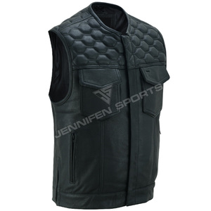 Gilet de moto en cuir véritable pour homme, coupe diamant, fermeture éclair, plusieurs poches, doublure intérieure en polyester - Product Image 2