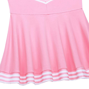Robe d'uniforme de cheerleading rose imprimée par transfert thermique, style jupe à blocs de couleurs avec rayures blanches, 100 % polyester, couleur personnalisable pour - Product Image 5