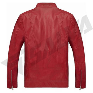 Men's Red Leather Moto <b>Jacket</b> Stand Collar Zipper Closure Slim Fit Autumn Regular Sleeve Solid Color - Product Image 3
