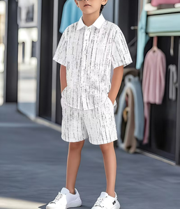 White Printed Short Sleeve Shirt Shorts Set for Boys Casual Wear Woven Fabric Patterned Design Polyester/Cotton Slight Stretch - Product Image 2