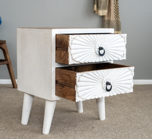 <b>White</b> Wooden Nightstand 2 <b>Drawers</b> Midcentury Modern Carved Design Handmade <b>Bedroom</b> Furniture - Product Image 4