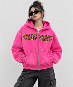 Sweat à capuche rose surdimensionné personnalisé avec fermeture éclair et strass, 100% coton, tissu doux, style vintage, pour unisexe - Product Image 5