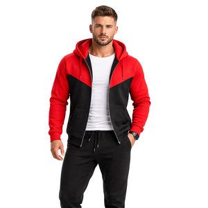 ชุดวอร์มผู้ชายสีแดงดำตัดกัน ชุดเซ็ตเสื้อฮู้ดซิปเต็มตัวพร้อมกางเกงจ็อกเกอร์ ทรงเข้ารูป สวมใส่สบาย เหมาะสำหรับออกกำลังกาย เล่นกีฬา วิ่ง และฝึกซ้อม - Product Image 1