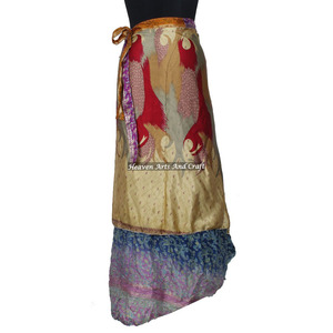 Women <b>Beach</b> Wear Indian Silk Sari Fabric <b>Wrap</b> Around Skirt Women Wear Vintage Silk Sari Long Length <b>Wrap</b> Around Skirt 2 Layer - Product Image 1