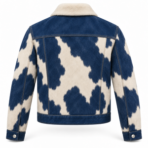 Custom Mens Denim Blue <b>Cream</b> <b>Hair</b> On Cowhide Western Jacket <b>Straight</b> Yoke Cowboy Ranch Coat OEM Wholesale Manufacturer Outerwear - Product Image 2