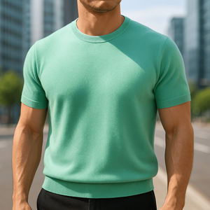 T-shirt tricoté sur mesure de luxe, mélange de viscose et de coton de qualité supérieure, coupe ajustée, col rond, pull tricoté décontracté, couleur unie, tee-shirt d'été pour homme - Product Image 6