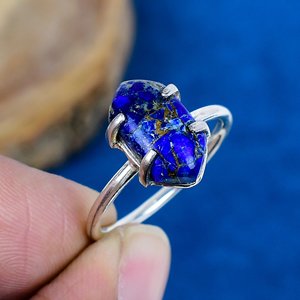 Bague en argent sterling 925 avec pierre précieuse hexagonale en lapis-lazuli et cuivre naturel - Product Image 1