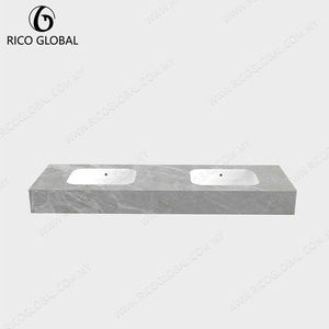 Meuble-lavabo mural rectangulaire en marbre poli avec double vasque et étagère de rangement en bois pour salle de bain, style minimaliste - Product Image 2