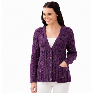 Cardigan tricoté violet pour femme, manches longues, col en V, couleur unie, style décontracté, maille ouverte, tricoté à la main, pour l'automne - Product Image 5