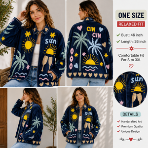 Chaqueta de Terciopelo Tejida y Transpirable para Mujer, Estilo Vacaciones de Verano, Talla Única, Corte Holgado, Diseño Floral con Palmeras - Product Image 2