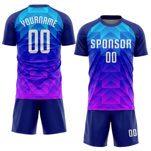 Ensemble de maillots de football personnalisés par sublimation, bleu et violet, design géométrique, polyester respirant, uniforme unisexe adulte - Product Image 1