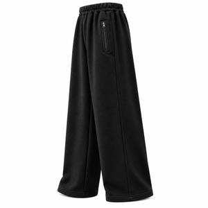 Pantalon large noir pour homme, taille élastique, décontracté, avec poches latérales zippées, poids moyen, respirant - Product Image 2