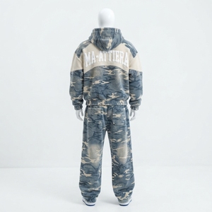Men Blue <b>White</b> Camouflage <b>Zip</b> <b>Up</b> Hoodie Tracksuit Set Loose Fit Contrast Panel Streetwear Custom OEM ODM Wholesale - Product Image 4
