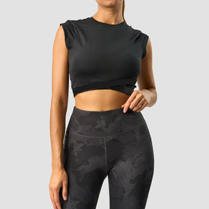 Camiseta sin mangas para mujer, diseño de top corto liso, corte ajustado con elástico en la parte inferior, alta elasticidad, para yoga, gimnasio, entrenamiento, uso casual - Product Image 1