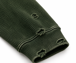 Oversized Dark Green Dirty Wash <b>Thermal</b> <b>Shirt</b> with Minor Distressing Full Sleeve Boxy Fit Waffle Knit - Product Image 4