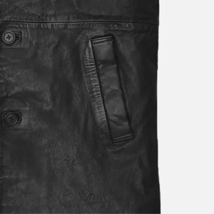 <b>Men's</b> <b>Black</b> Genuine Leather Knee Length <b>Overcoat</b> Notched Lapel Single Breasted Trench Coat Regular Sleeve Polished Finish - Product Image 2