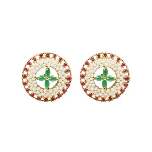 Collar con Colgante Floral RAY FINE ORNATES, Esmeralda, Rubí, Perla, Chapado en Oro, con Aretes a Juego, Joyería Nupcial India, IGI - Product Image 2