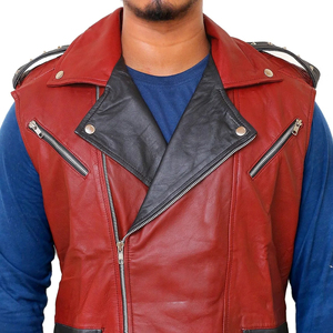 High Quality Premium <b>Men's</b> Red PU Leather <b>Vest</b> With <b>Black</b> Lapel Zipper Closure Moto Style Outerwear Autumn Wear Breathable - Product Image 5