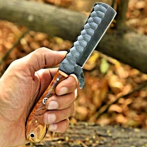 Hand Forged Carbon Steel Cowboy Bull Cutter Knife Bevel Edge Custom OEM Full Tang Fixed Blade Olive Wood Handle Leather Sheath - Product Image 3