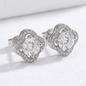 Four Leaf Clover <b>Earrings</b> 925 Sterling <b>Silver</b> Lab Diamond <b>Stud</b> <b>Earrings</b> for Women in 14K/18K White Gold Halo Set <b>Stud</b> <b>Earrings</b> - Product Image 2